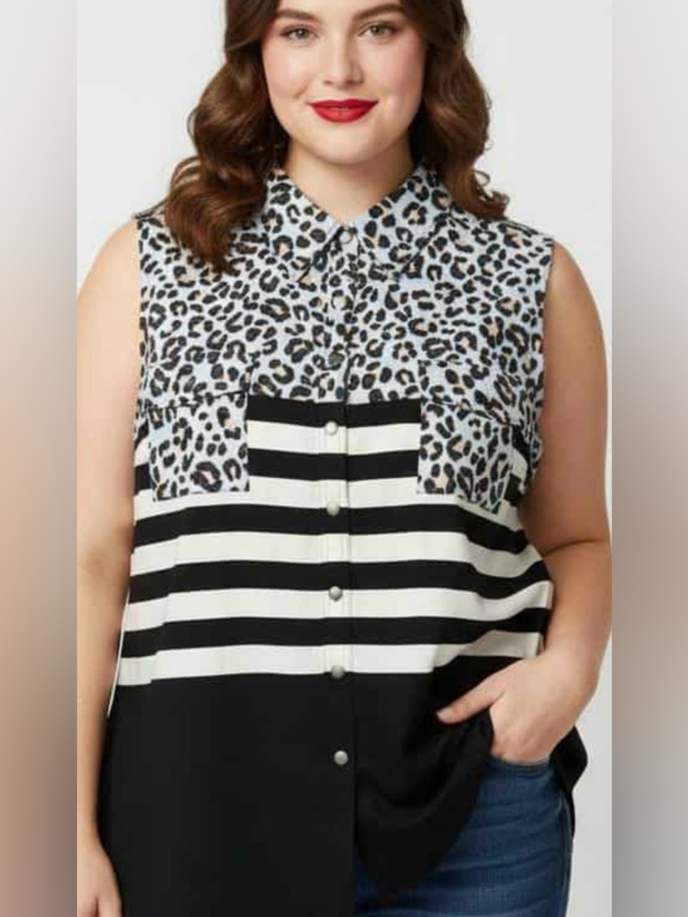 LuLaRoe Roxanne XL Black & White Animal Print and Stripe Color Block Snap Tank